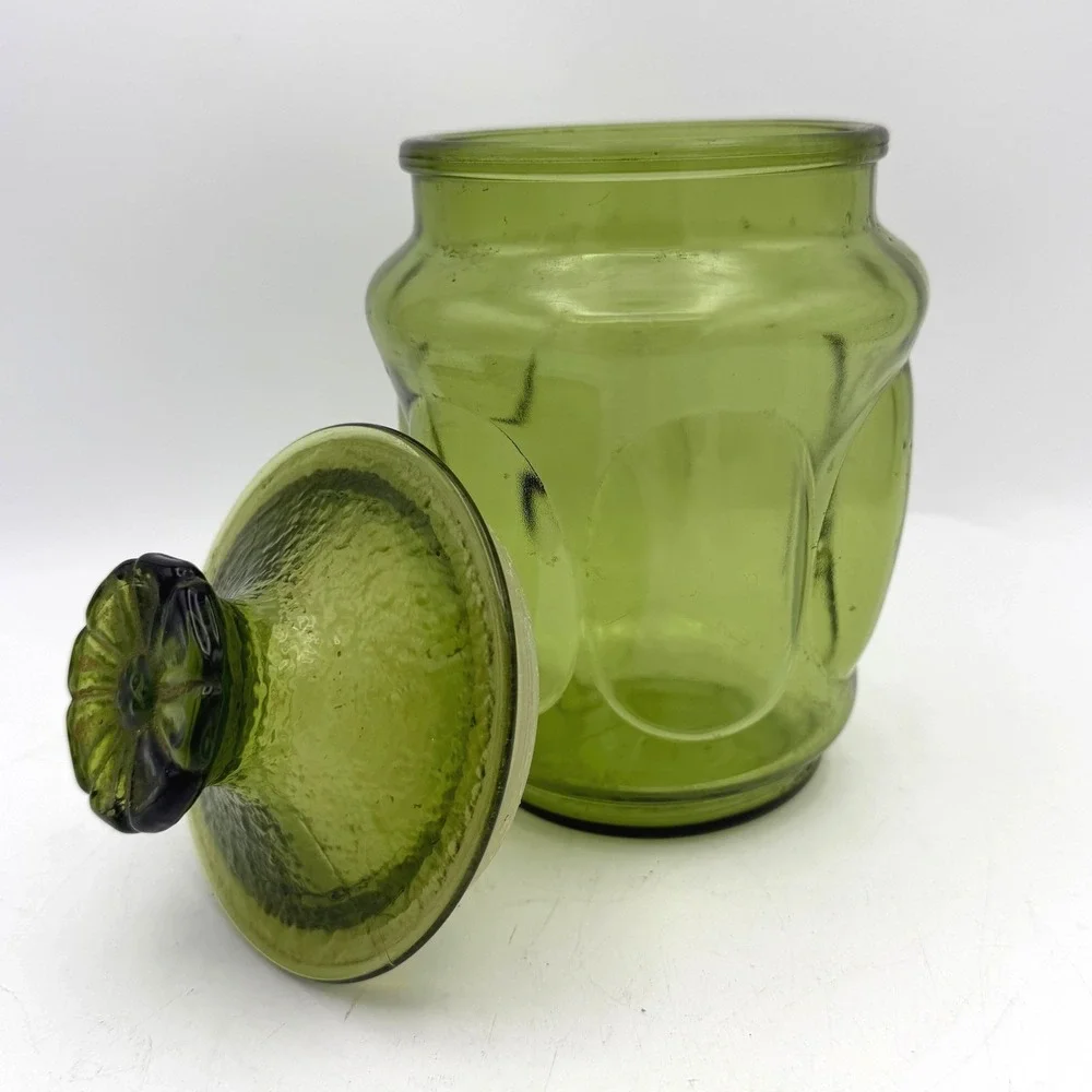 Vintage 1970s LE Smith Green Bubble Glass Apothecary Jar Canister with Lid 8